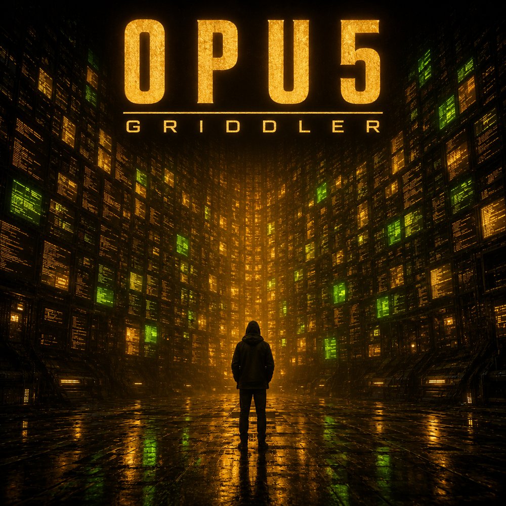 OPU5 — Griddler album cover: a figure facing a towering grid of amber and green panes.